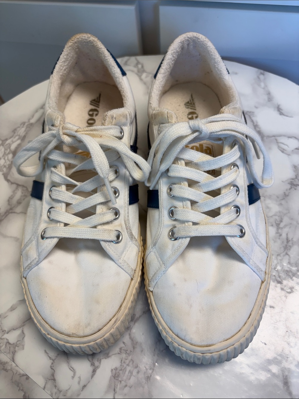 Gola Womens Tennis Mark Cox White Canvas Sneakers with Navy Accent